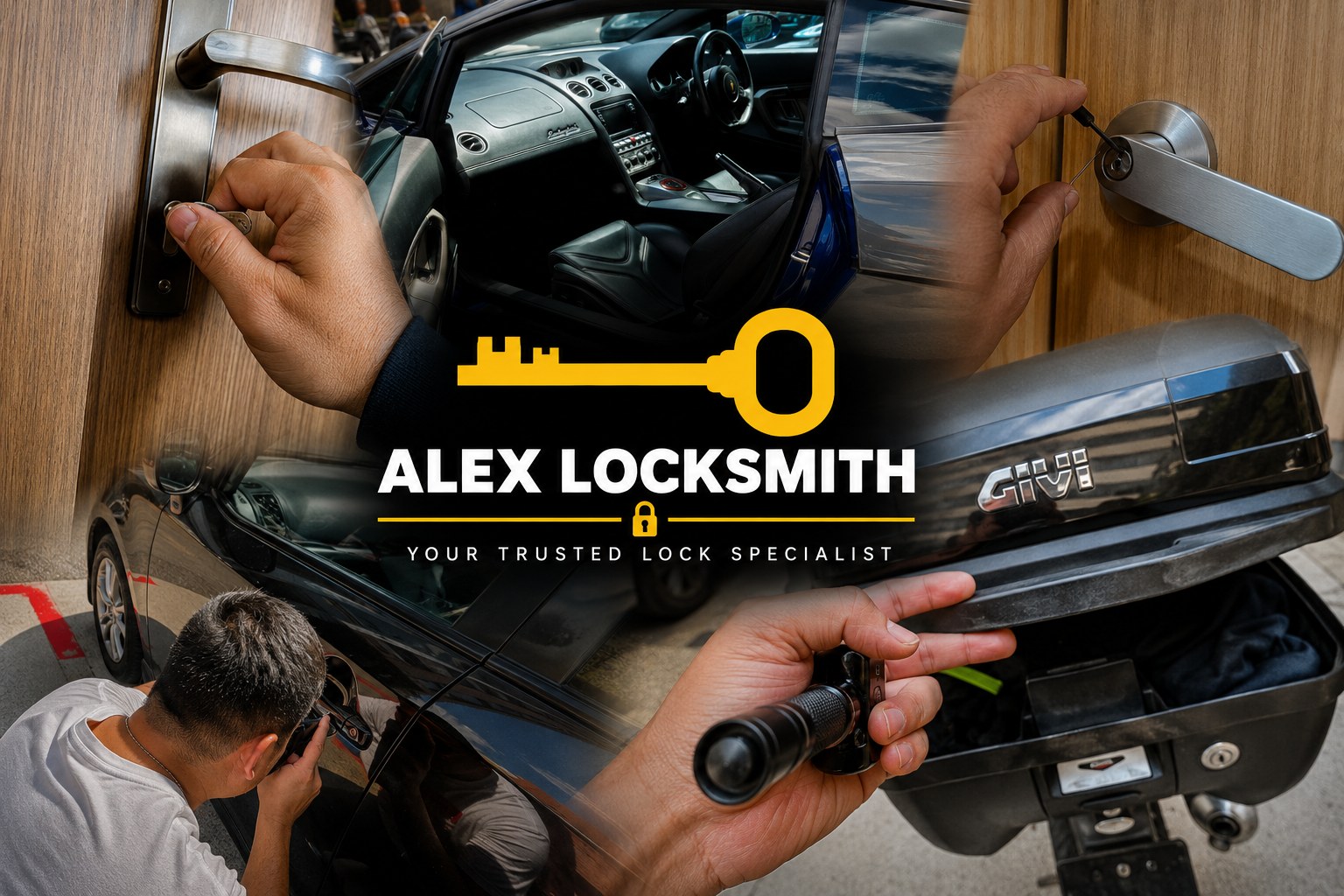 Real Alex Locksmith job photos showing door, car and motorcycle locksmith work in Singapore